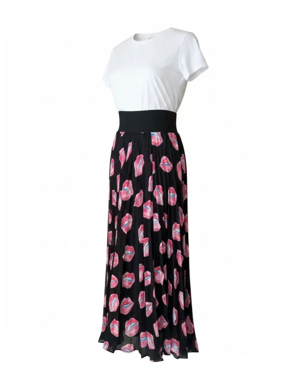 Loyd/Ford pleated midi skirt with black and pink lip print